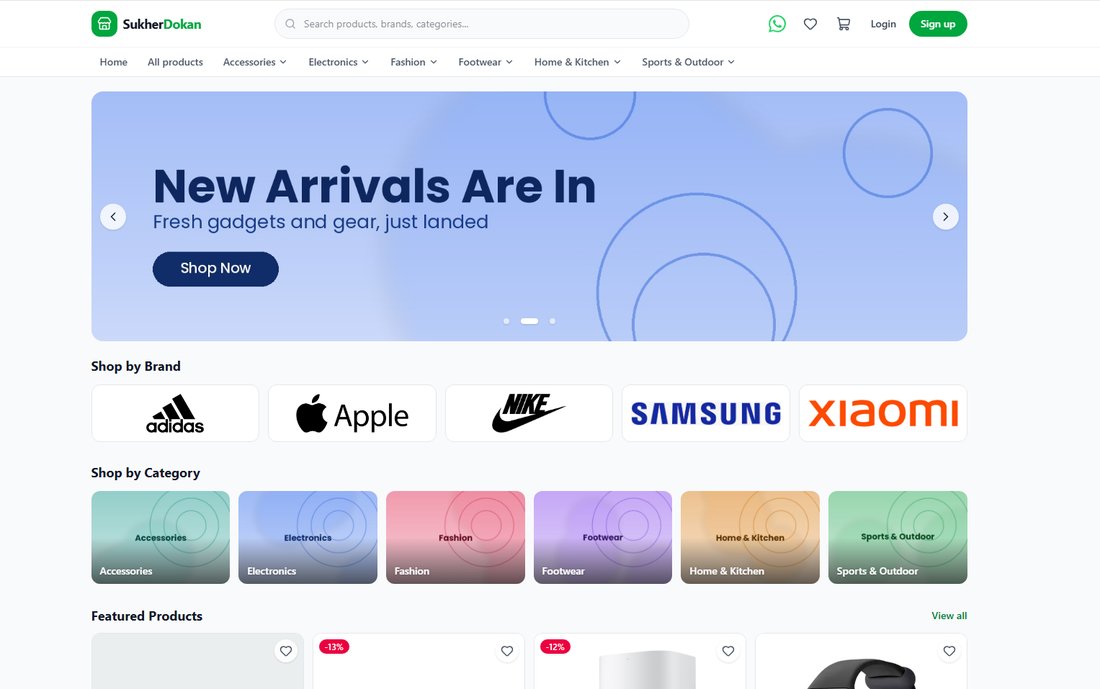 Dokan e-commerce demo storefront: New Arrivals banner, shop by brand, shop by category and featured products