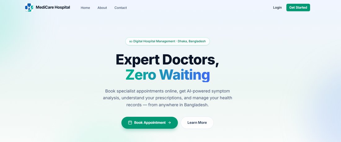 MediCare Hospital live demo home page: Expert Doctors, Zero Waiting, with Book Appointment button and hospital statistics