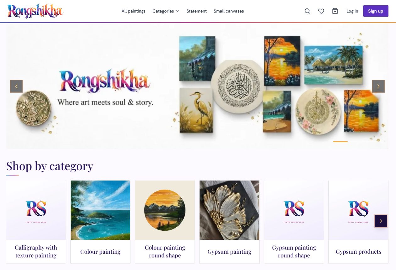 Rongshikha handmade painting store home page: banner slider, shop by category and featured paintings