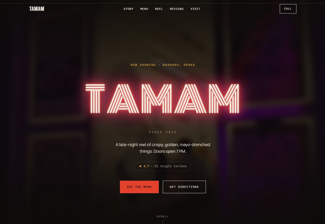 Tamam restaurant website home page: neon TAMAM sign, tagline, 4.7 star rating and menu and directions buttons