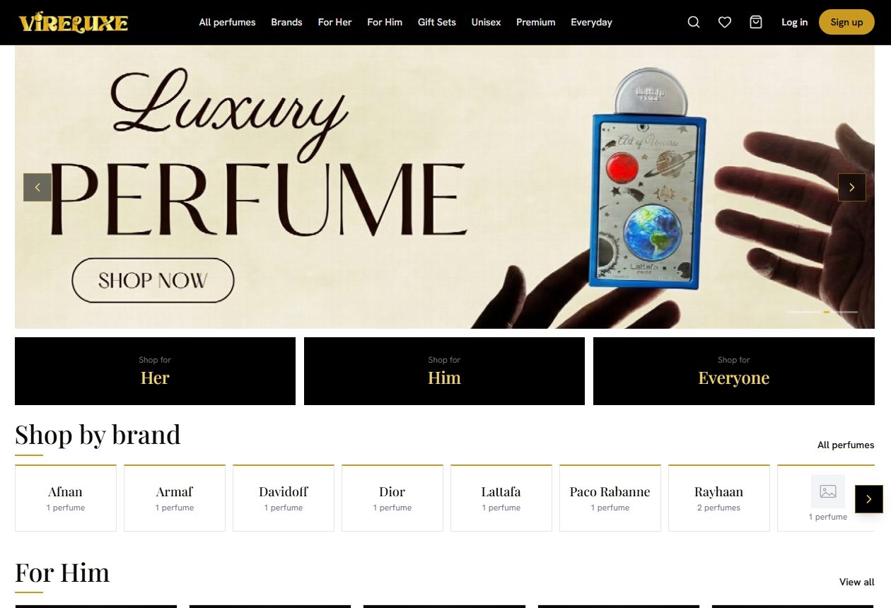 Vireluxe perfume store home page: banner slider, shop by brand and collections for her, for him and everyone