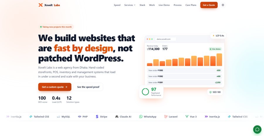 Xovelt Labs agency website home page: headline, animated live dashboard preview and technology marquee